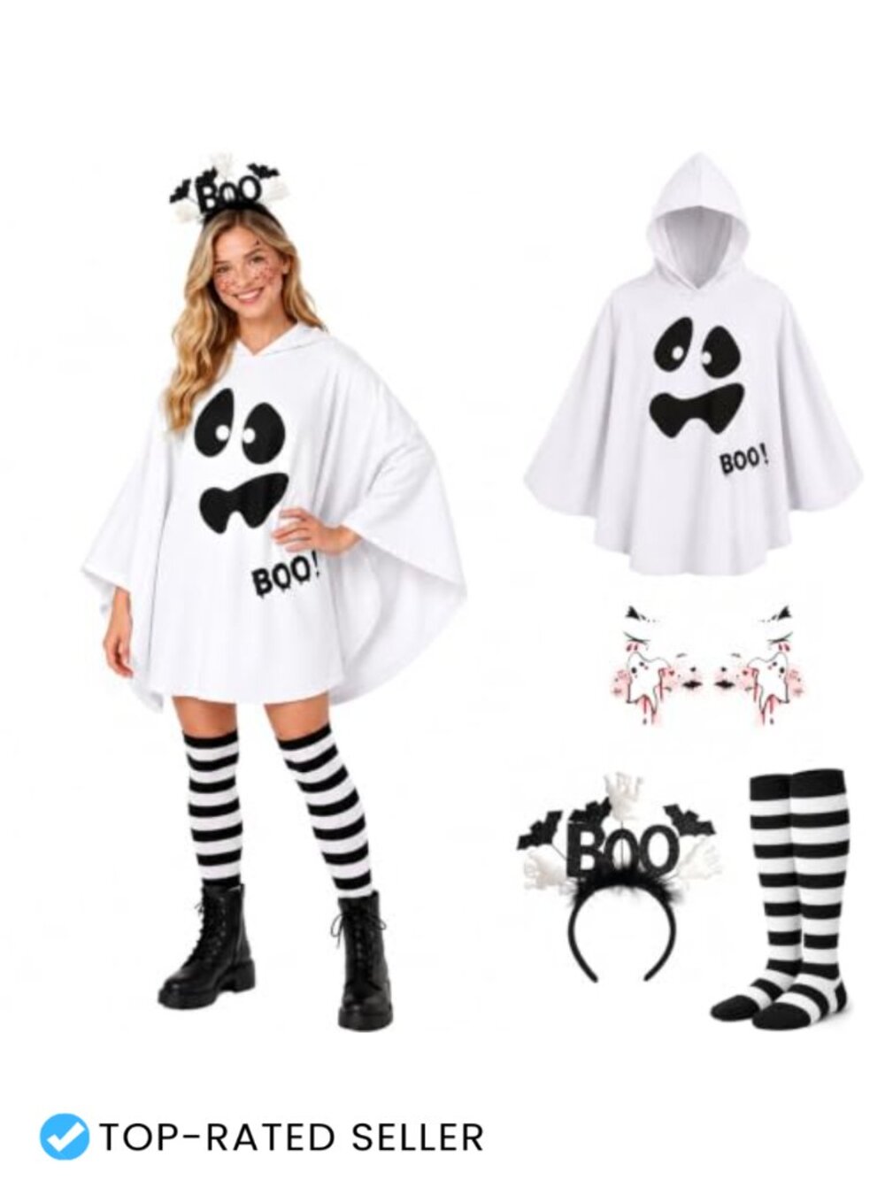 Adult Ghost Costume Cloak Robe Set Striped Socks Headband Halloween